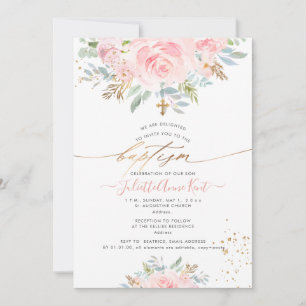 Convites PixDezines Blush Watercolor Rosas Baptism
