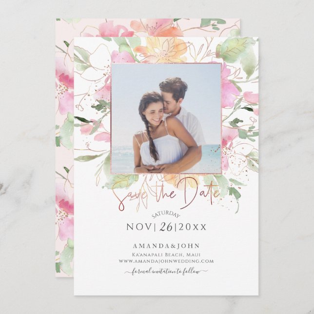 Convites PixDezines Blushing Romance, Salve a data (Frente/Verso)