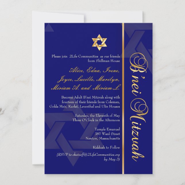 Convites PixDezines B'Nei Mitzvah, Dourado+Azul DIY (Frente)