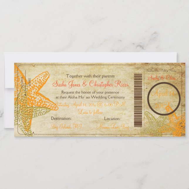 Convites PixDezines Bordo Pass+Beach+Orange Starfish (Frente)