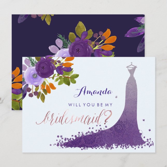 Convites PixDezines Bridesmaid/Floral/Watercolor/Purple (Frente/Verso)