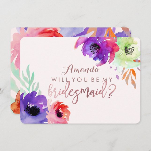 Convites PixDezines Bridesmaid/Floral/Watercolor/Rosas (Frente/Verso)