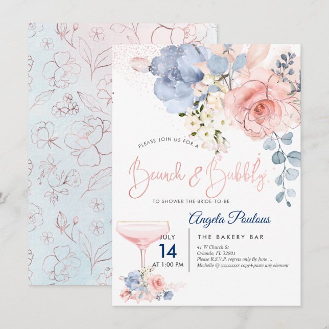 Convites PixDezines Brunch Bubbly Blush+Blue H2 flores  (Frente/Verso)