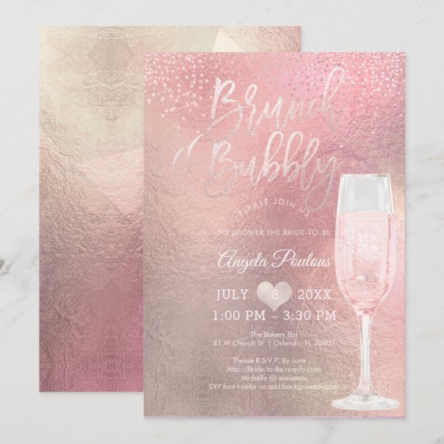 Convites PixDezines Brunch Bubbly/Confete+Ombre Rosa (Frente/Verso)