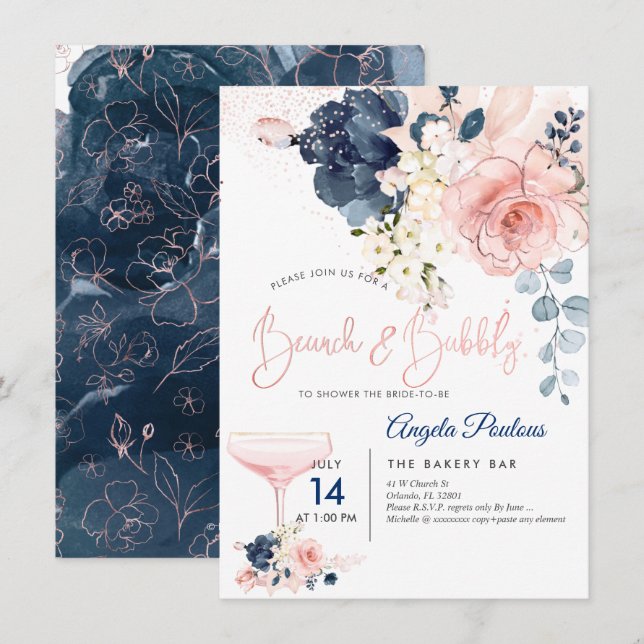 Convites PixDezines Brunch Bubbly Rosa Navy Flores H2 (Frente/Verso)