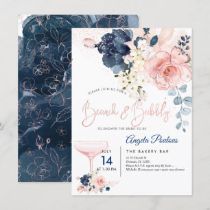 Convites PixDezines Brunch Bubbly Rosa Navy Flores H2