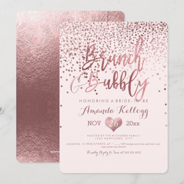 Convites PixDezines Brunch N Borracha/Rosa Dourado Confetti (Frente/Verso)