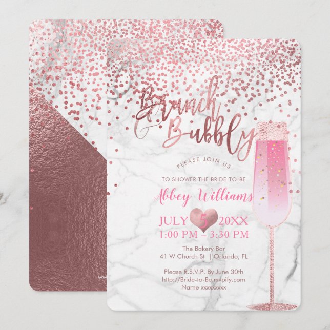 Convites PixDezines Brunch N Borracha/Rosa Dourado/Confetti (Frente/Verso)