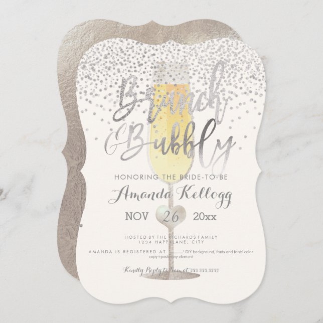 Convites PixDezines Brunch N Bubble/Silver Confetti (Frente/Verso)