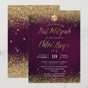 Convites PixDezines Burgundy Glitter Bat Mitzvah
