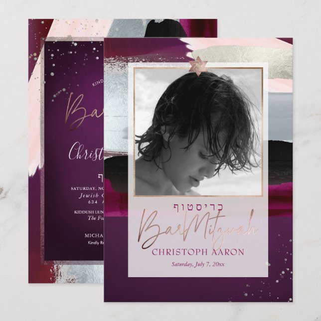 Convites PixDezines Color Block Falso Bar Mitzvah Prata (Frente/Verso)