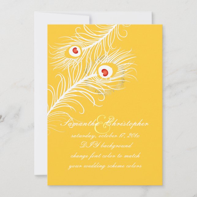 Convites PixDezines cor-de-rosa, plumas de pavão em marigol (Frente)