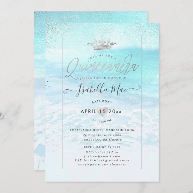 Convites PixDezines Crystal Blue BeachShoreline Quinceanera (Frente/Verso)