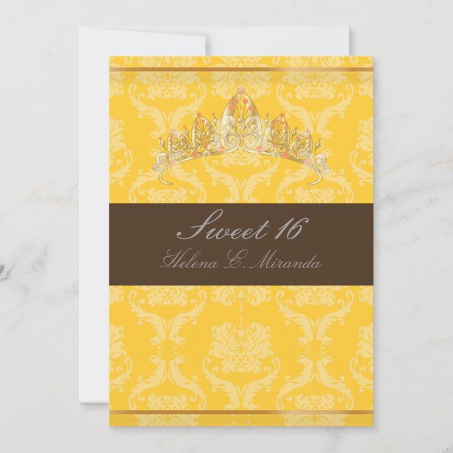 Convites PixDezines Damask Sweet 16/ tiara/amarelo+chocolat (Frente)