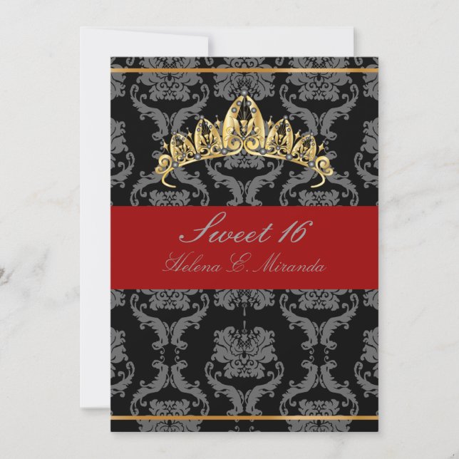 Convites PixDezines Damask Sweet 16/ tiara/black/red velvet (Frente)