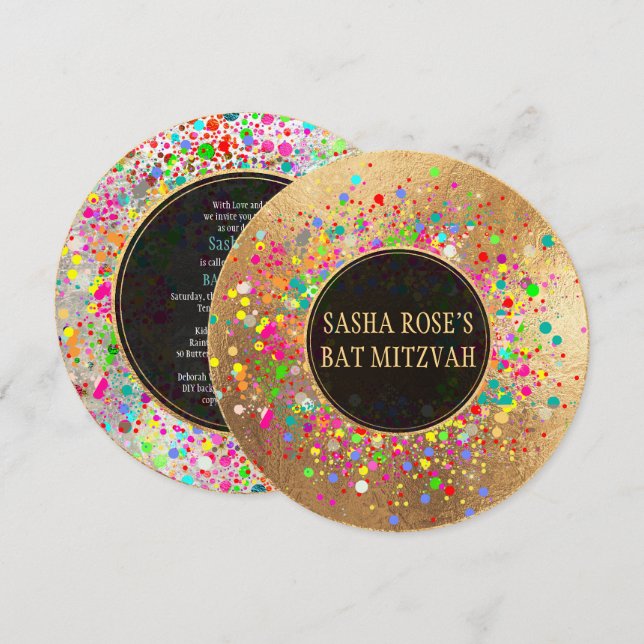 Convites PixDezines Dazzled/Neon Speck/Bat Mitzvah ✡ (Frente/Verso)