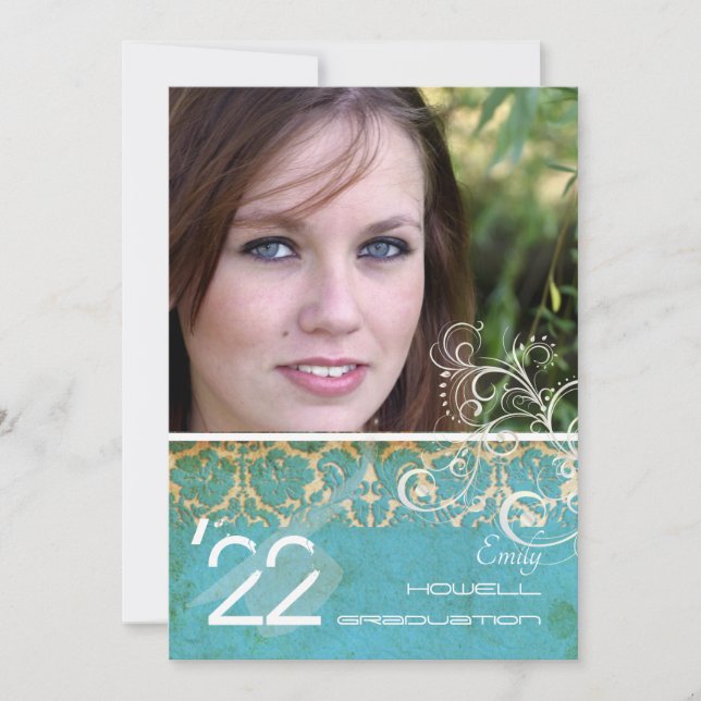 Convites PixDezines Desiree Damask/ turquesa vintage (Frente)