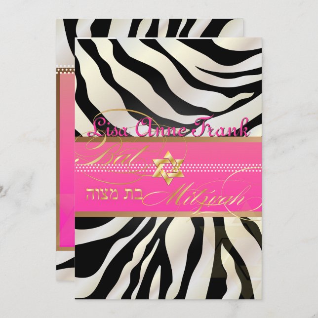 Convites PixDezines DIY color/Zebra, Bat Mitzvah (Frente/Verso)