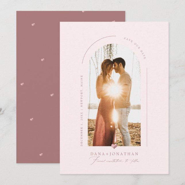 Convites PixDezines DIY cor Blush Arco Salve nossa data (Frente/Verso)