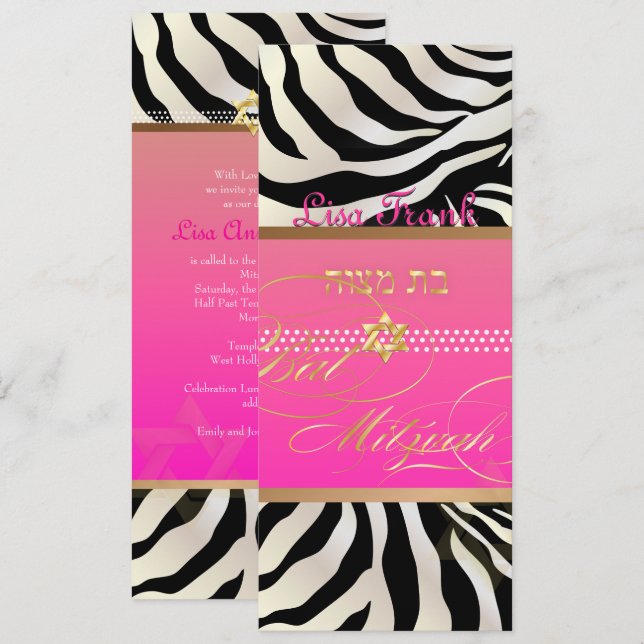 Convites PixDezines DIY cor/natural Zebra, Bat Mitzvah (Frente/Verso)