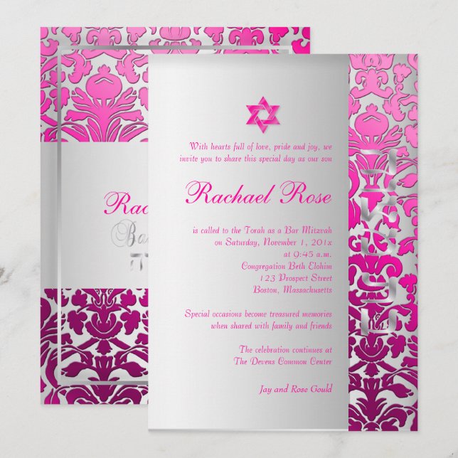 Convites PixDezines DIY flora damask/Mitzvah/rosa/prata (Frente/Verso)