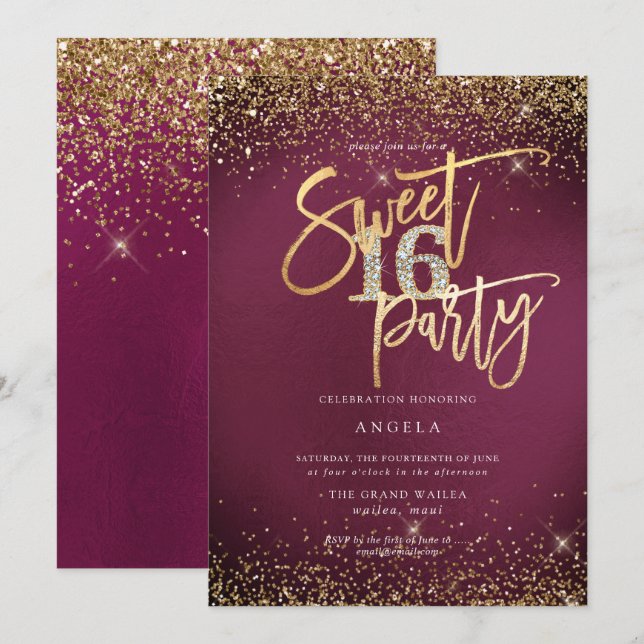 Convites PixDezines Doce 16 Glitters Diamantes Sangria  (Frente/Verso)