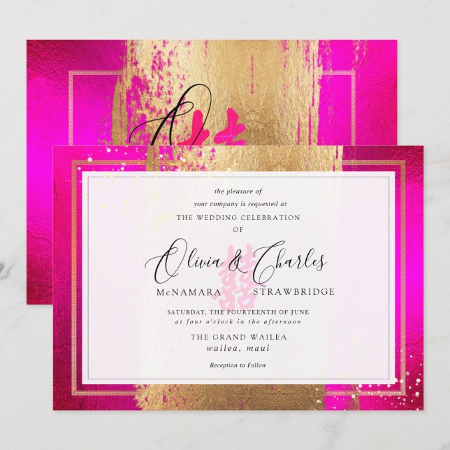 Convites PixDezines Dupla Felicidade, Falso Dourado Rosa Qu (Frente/Verso)