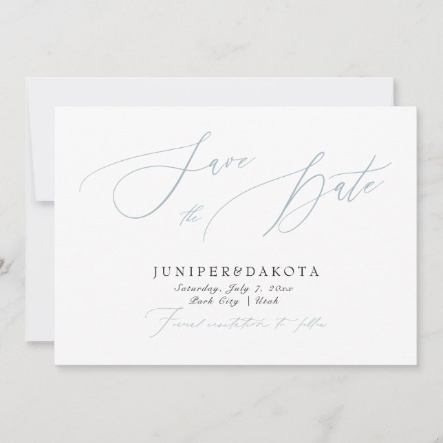 Convites PixDezines Dusty Blue Moderno Script Salve a Data (Frente)