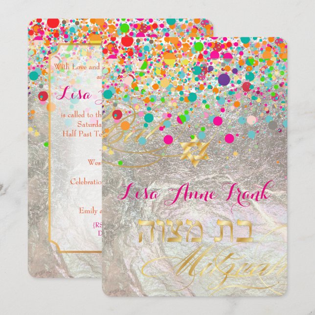 Convites PixDezines encadeado/arco-íris/bat mitzvah (Frente/Verso)