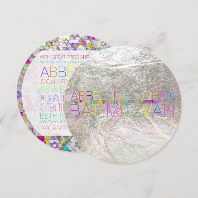 Convites PixDezines estrelas psicodélicas/neon/bat mitzvah (Frente/Verso)