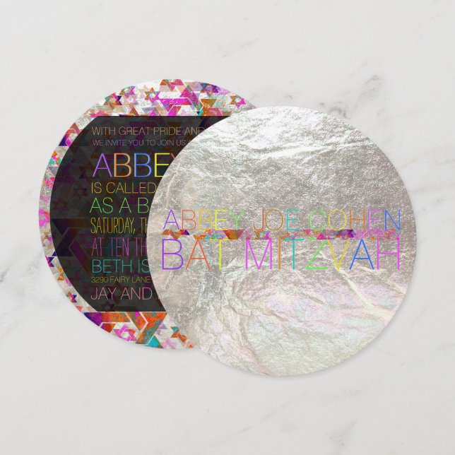 Convites PixDezines estrelas psicodélicas/neon/bat mitzvah (Frente/Verso)