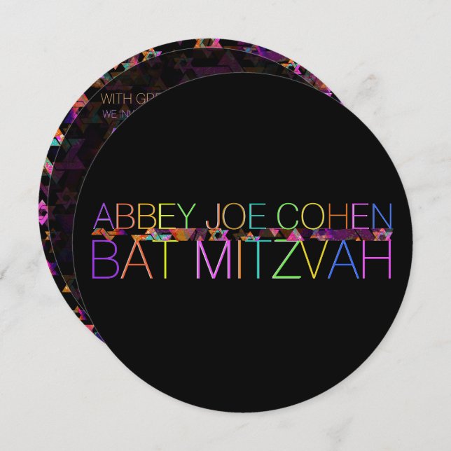 Convites PixDezines estrelas psicodélicas/neon/bat mitzvah (Frente/Verso)