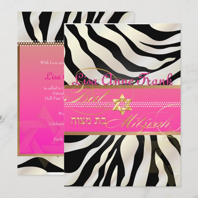 Convites PixDezines faça-você-mesmo color/Zebra, Bat Mitzva (Frente/Verso)