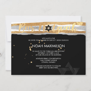 Convites PixDezines falso bar mitzvah de prata/ouro/listras