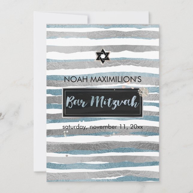 Convites PixDezines falso bar mitzvah prata/azul/listras (Frente)