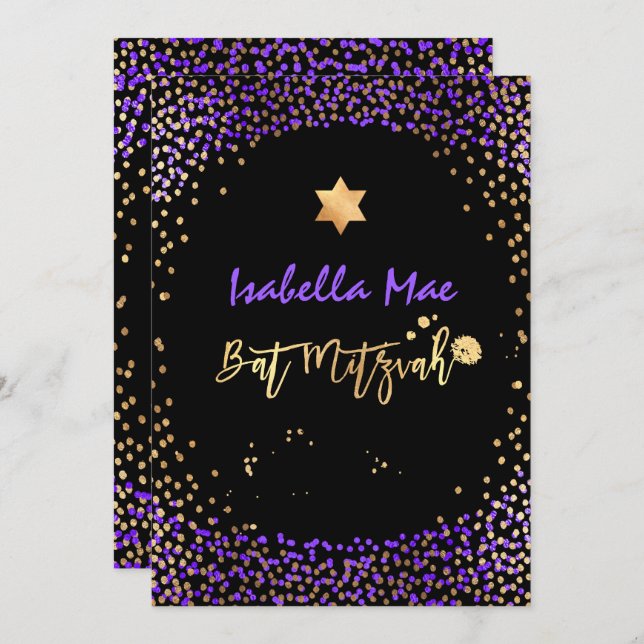 Convites PixDezines Falso Confete Bat Mitzvah Dourado+Roxo (Frente/Verso)