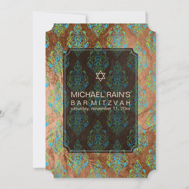 Convites PixDezines falso foil/damask de tunis bar mitzvah (Frente)