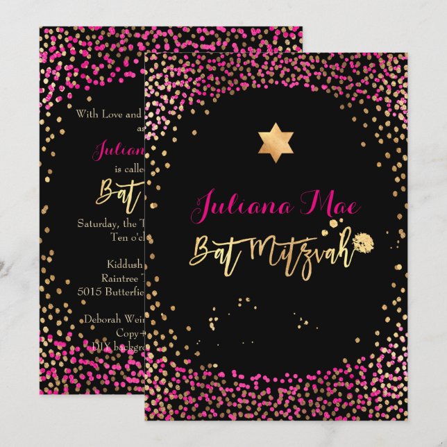 Convites PixDezines Falso Ouro+Rosa Quente Confete Bat Mitz (Frente/Verso)