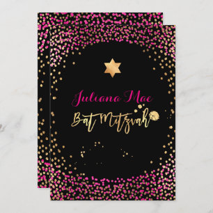 Convites PixDezines Faux Dourado+Hot Pink Confetti Bat Mitz