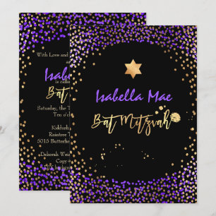 Convites PixDezines Faux Dourado+Purple Confetti Bat Mitzva