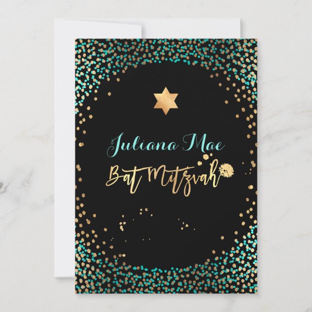 Convites PixDezines Faux Dourado+Teal Confetti Bat Mitzvah (Frente)