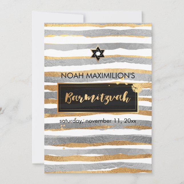 Convites PixDezines faux prata/ouro/stripes bar mitzvah (Frente)