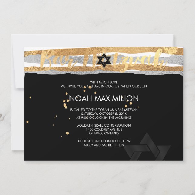 Convites PixDezines faux prata/ouro/stripes bar mitzvah (Verso)