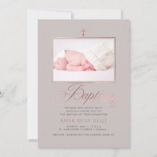 Convites PixDezines Faux Rosa Dourado Batismo