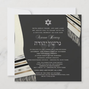 Convites PixDezines faux silk tallit mitzvah black+prata