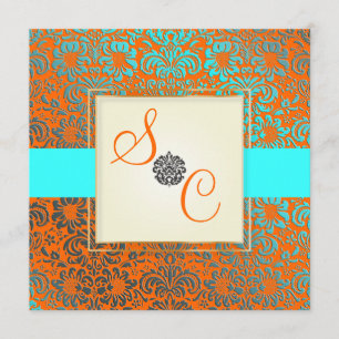 Convites PixDezines Fidora Blue+Orange Vintage Damask