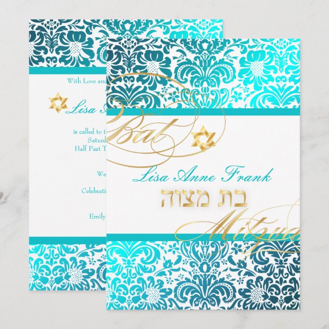 Convites PixDezines FIDORA DAMASK BAT MITZVAH, TURQUESA (Frente/Verso)