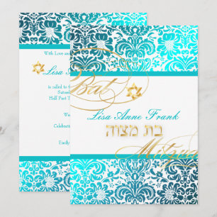 Convites PixDezines FIDORA DAMASK BAT MITZVAH, TURQUESA