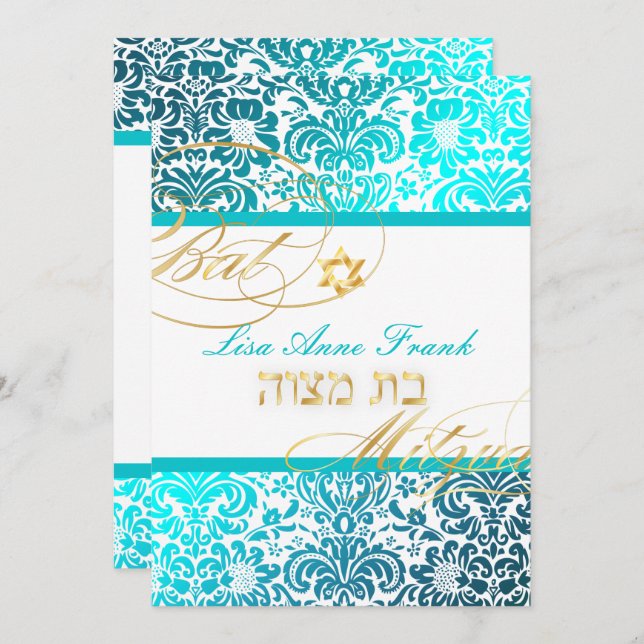 Convites PixDezines FIDORA DAMASK BAT MITZVAH, TURQUOISE (Frente/Verso)