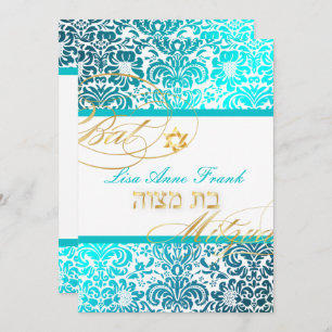 Convites PixDezines FIDORA DAMASK BAT MITZVAH, TURQUOISE